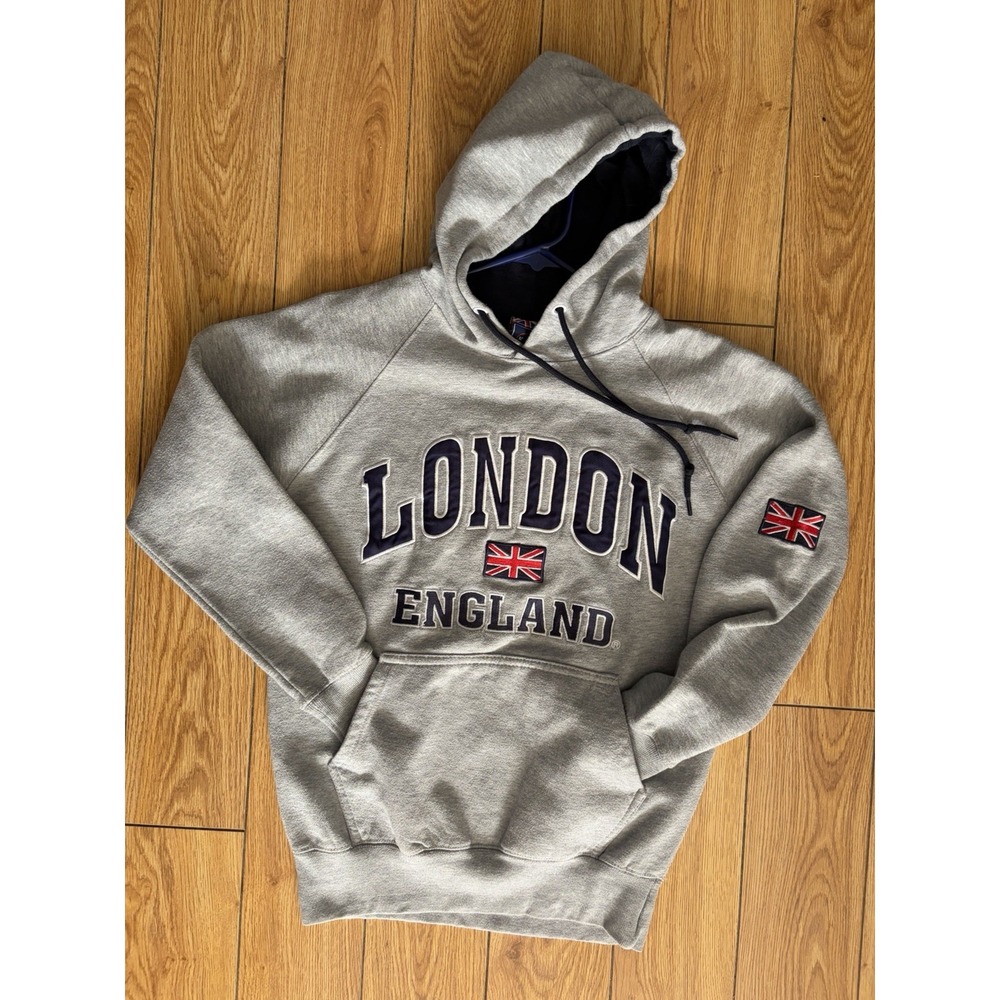 Vintage K.K Apparel London England Hoodie Gray Union Jack Souvenir Sweatshirt S